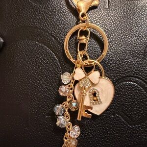 Gold and White Heart Keychain with Crystals